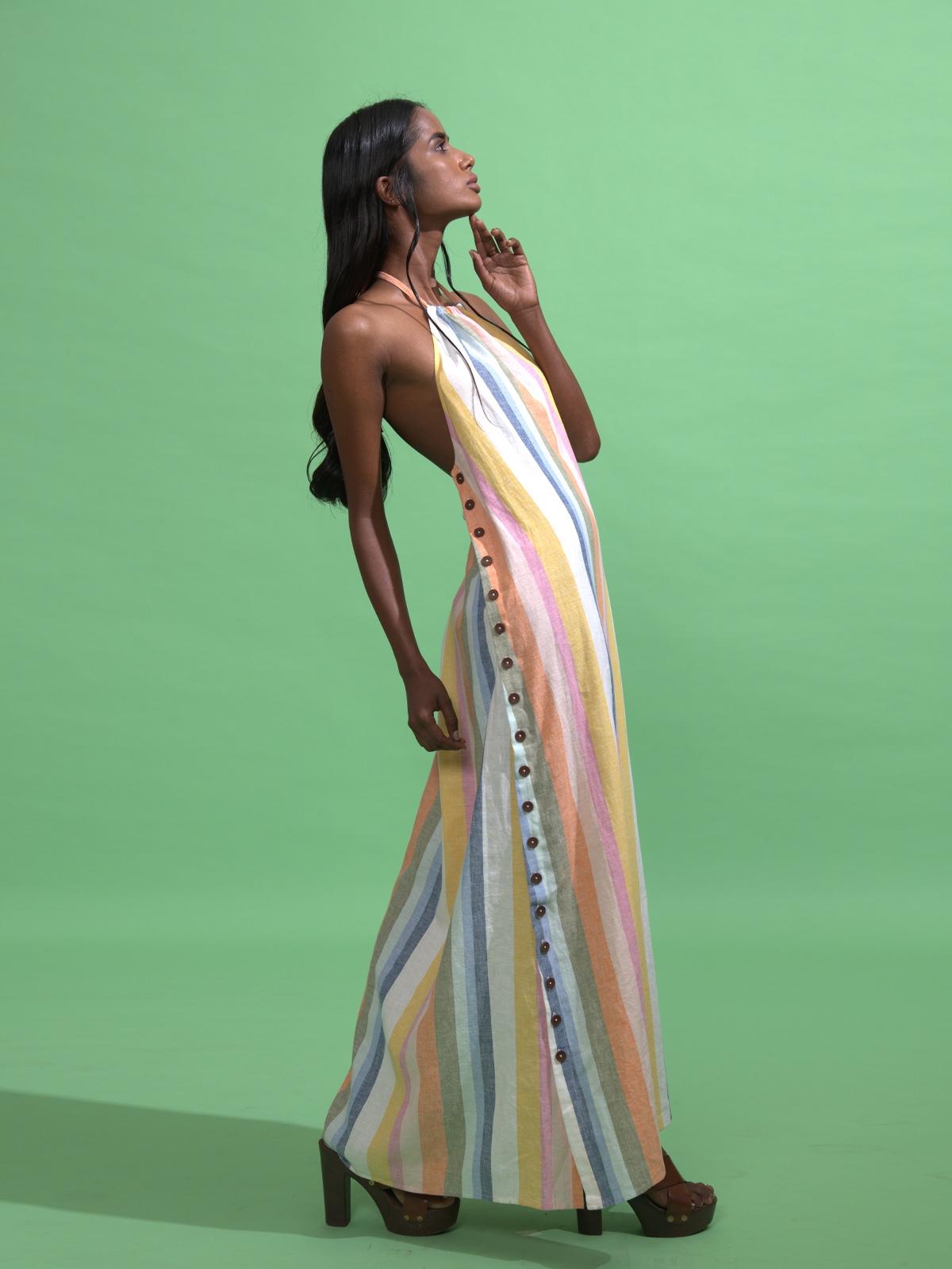 Halter Stripe Maxi Dress - Multi Color