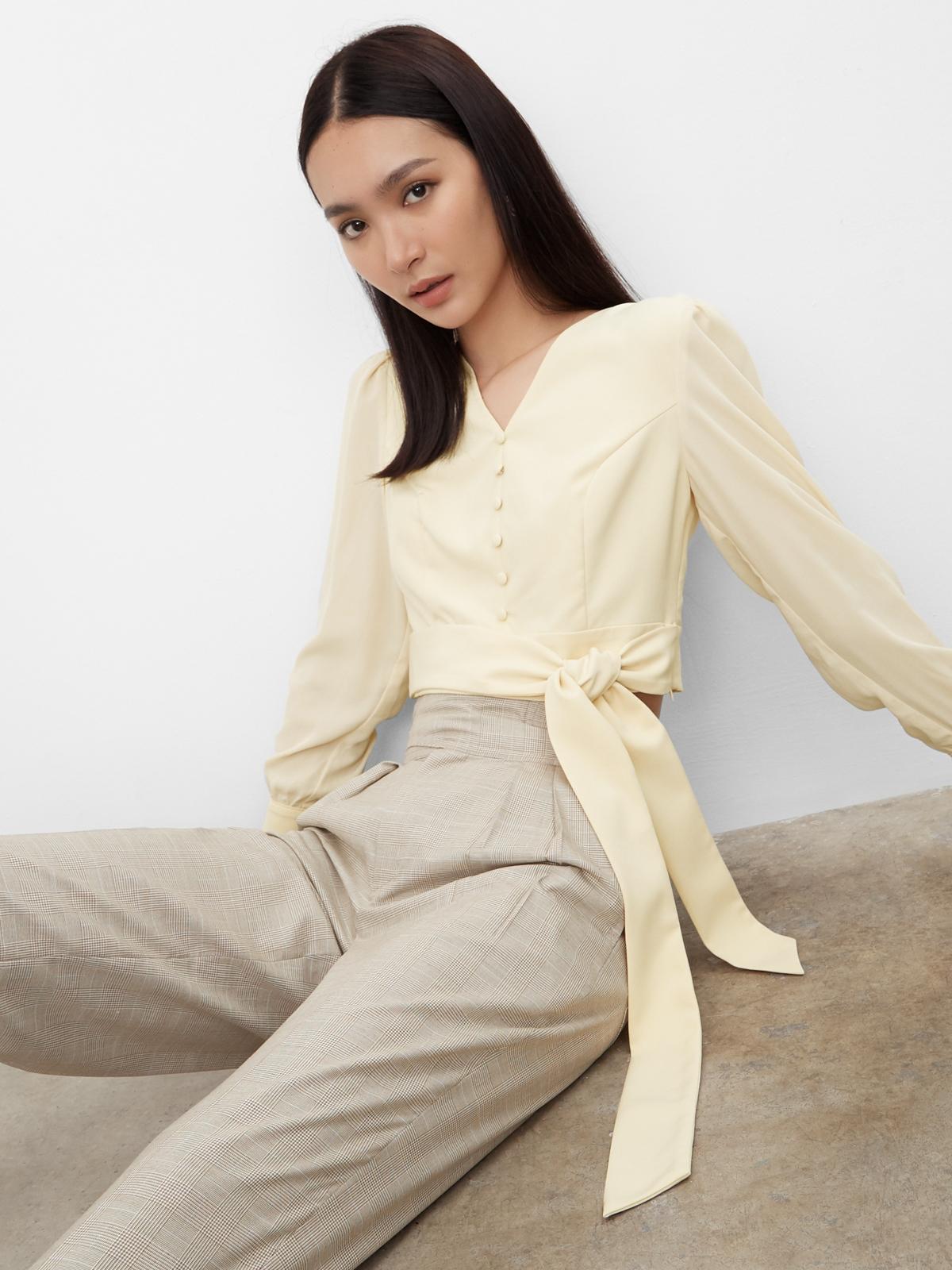 Tie Waist Buttoned Crop Blouse - Cream