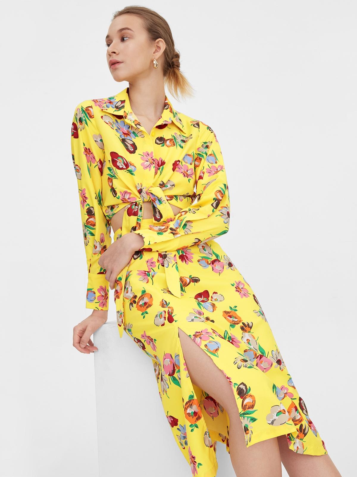 Floral Print Side Slit Skirt - Yellow