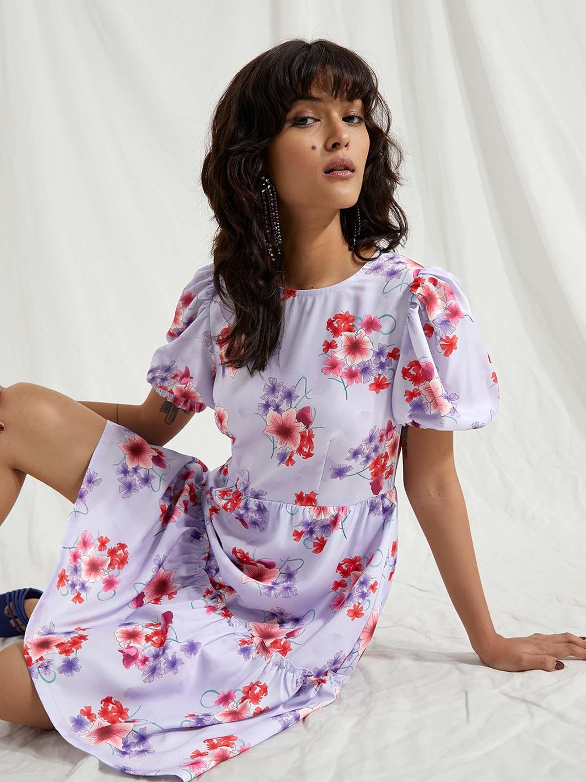 Floral Crew Neck Mini Dress - Lilac