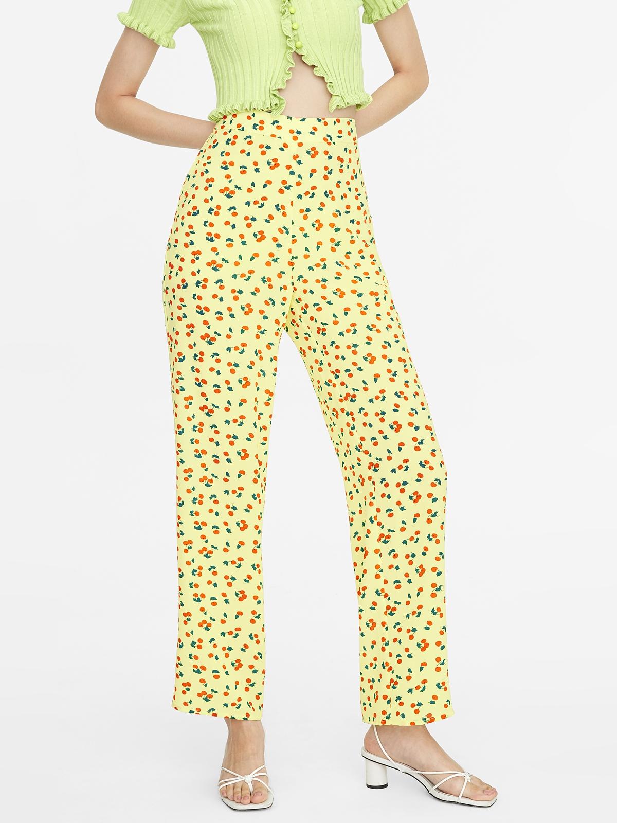 Wide Leg Cherry Print Pants - Yellow