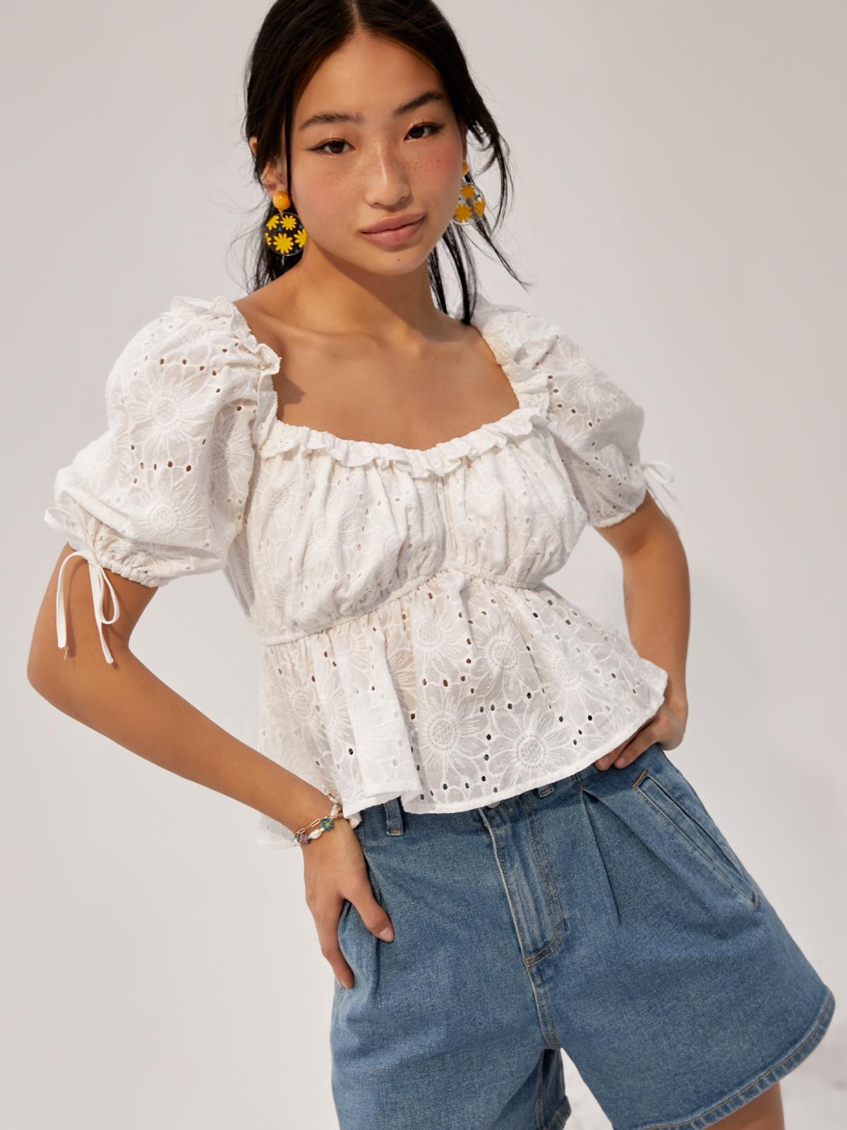 Ruched Puffed Sleeve Blouse - White