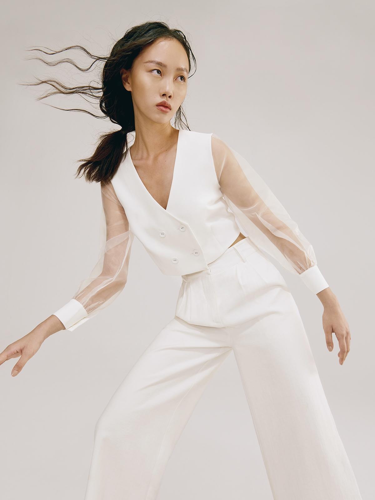 Sheer Sleeves Double Breasted Crop Top - Off White