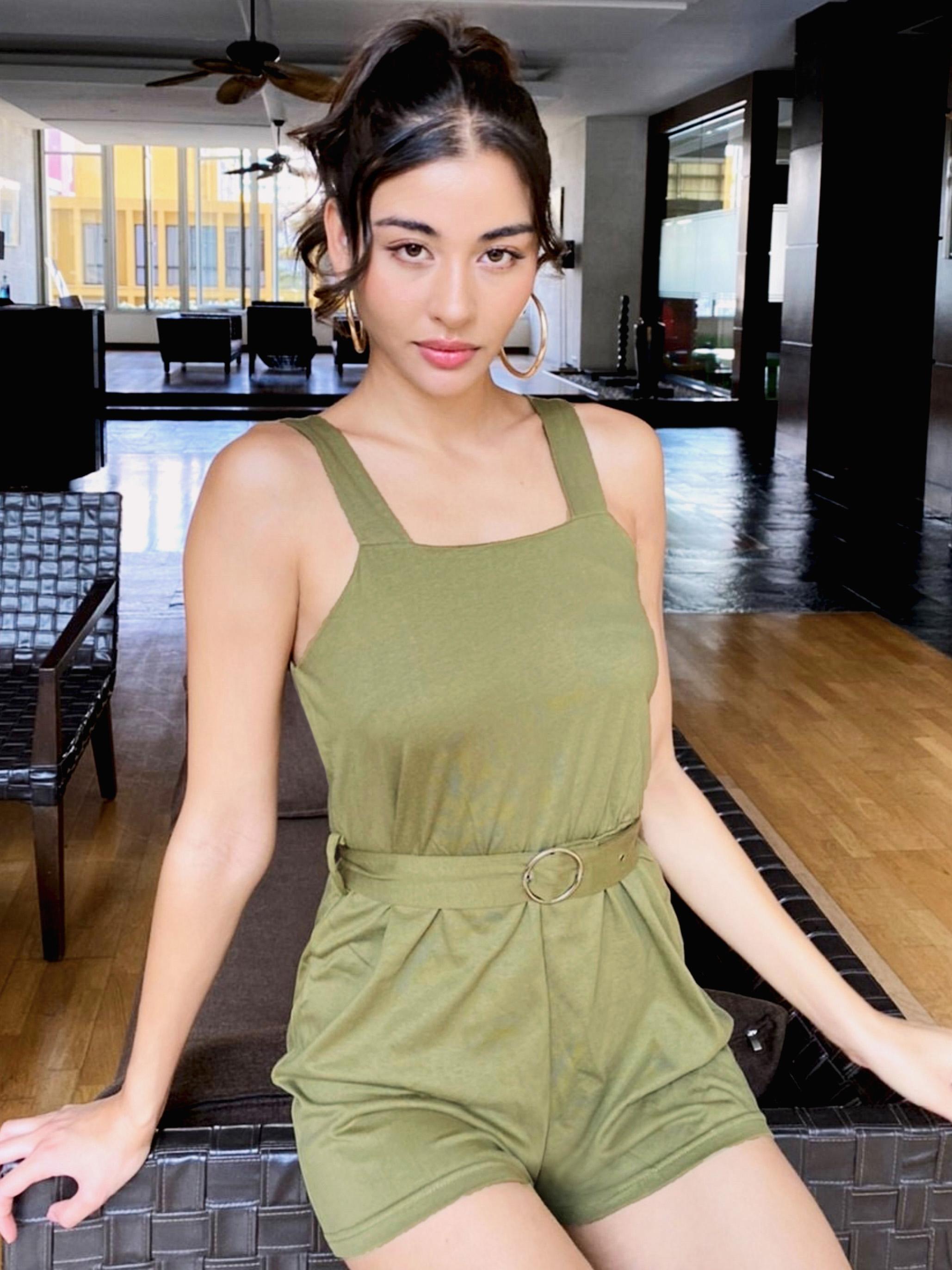 Square Neck Belted Romper - Olive