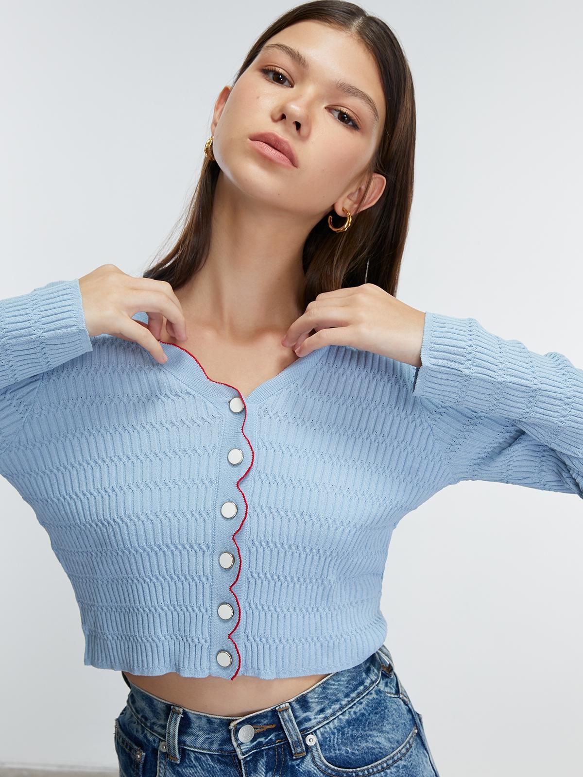 Ribbed V Neckline Long Sleeve - Blue