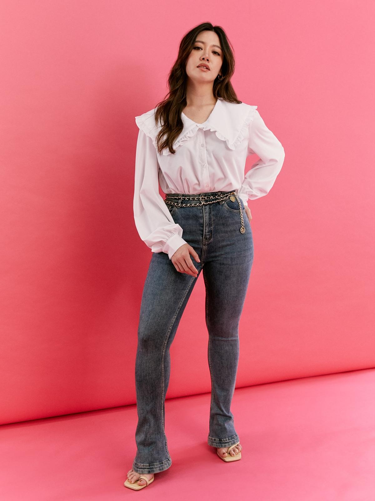 Wide Collar Long Sleeve Shirt - White