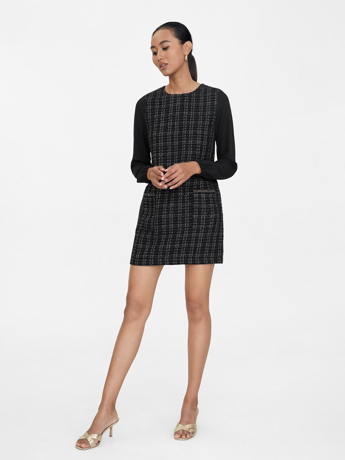Tweed Puff Sleeve Shift Dress - Black