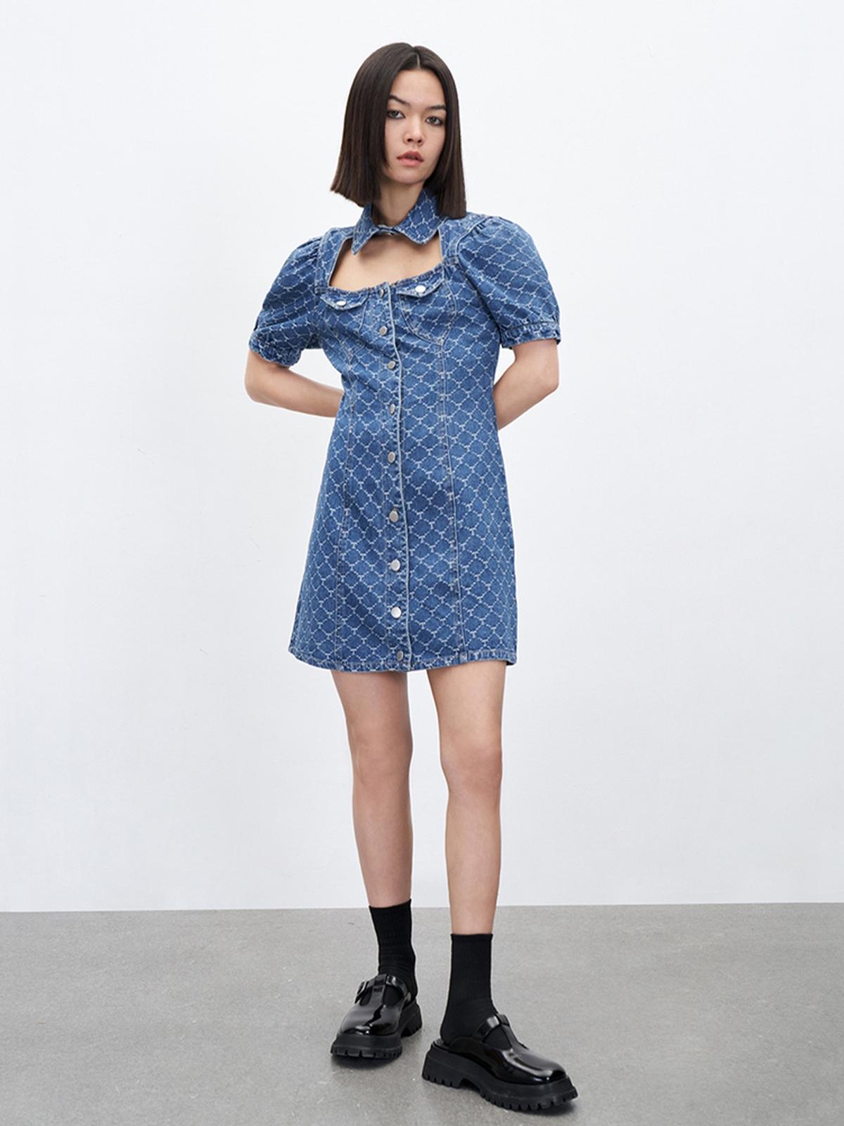 Collar Short Sleeve Dress - Blue