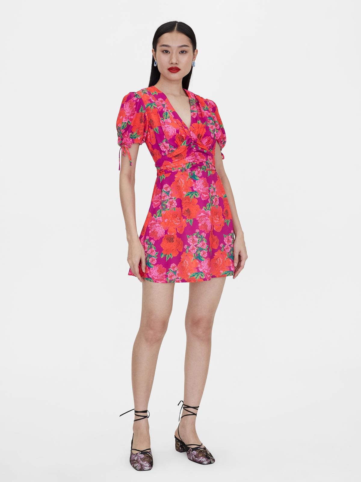 V Neck Flower Print Dress - Magenta
