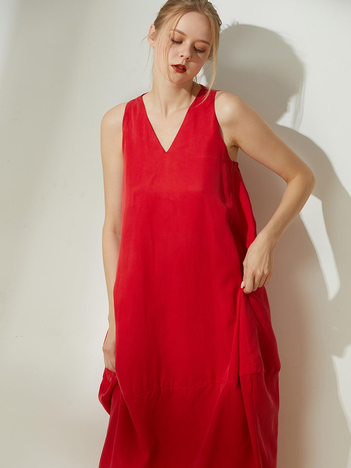 Hekate V Neck Cupro Cocoon Dress - Red Hekate V Neck Cupro Cocoon Dress - Red