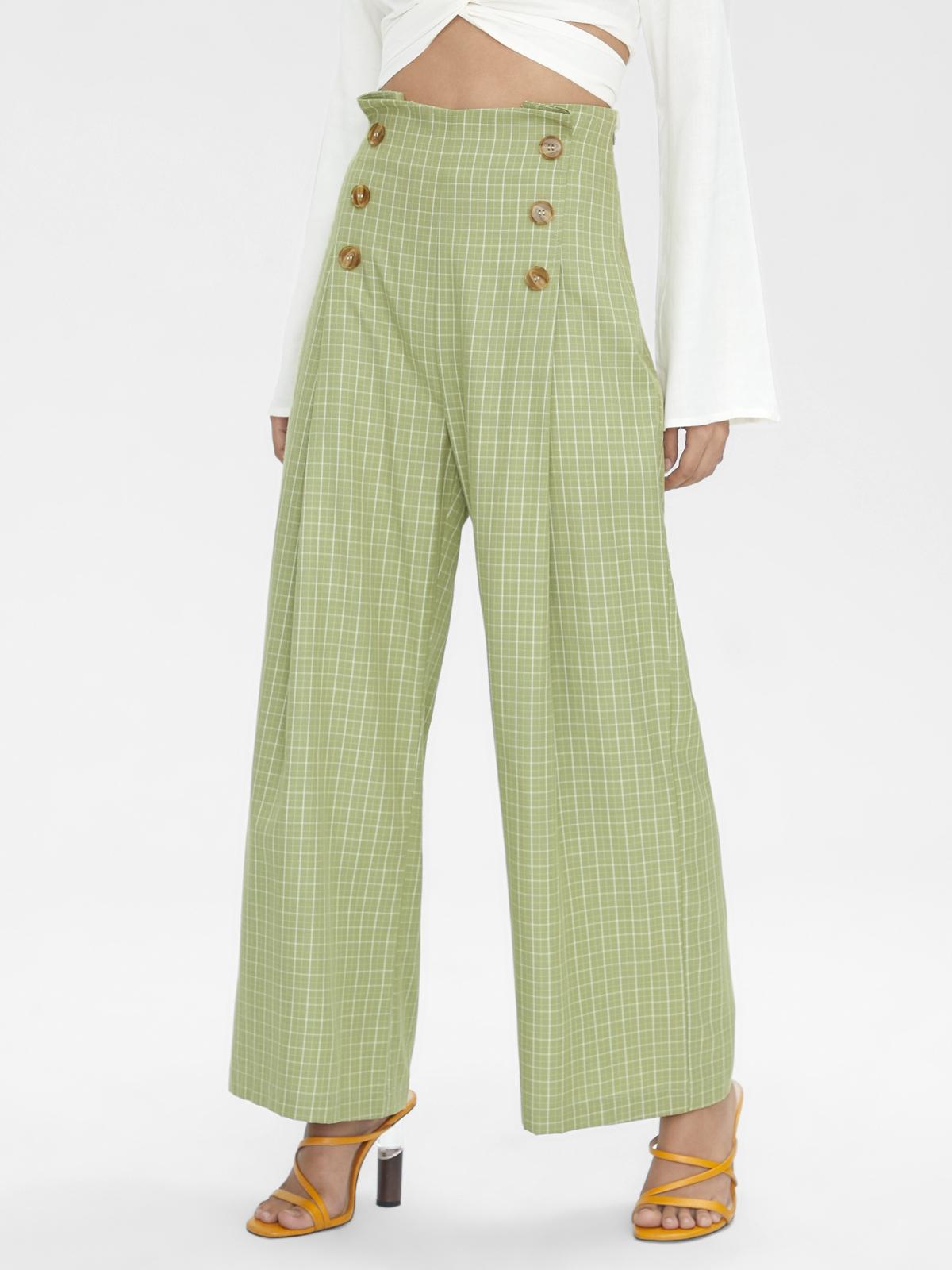 Plaid Print Wide Leg Pants - Green