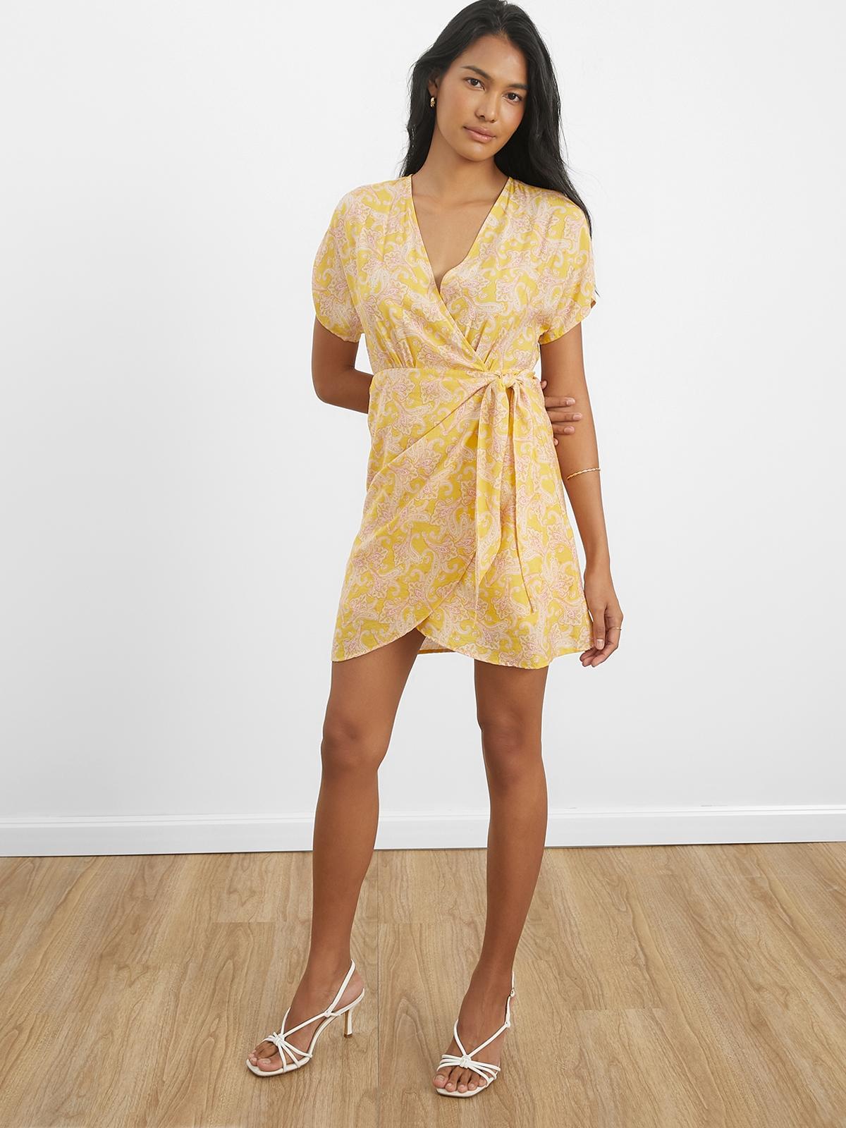 Front Tie Abstract  Print Mini Dress - Yellow