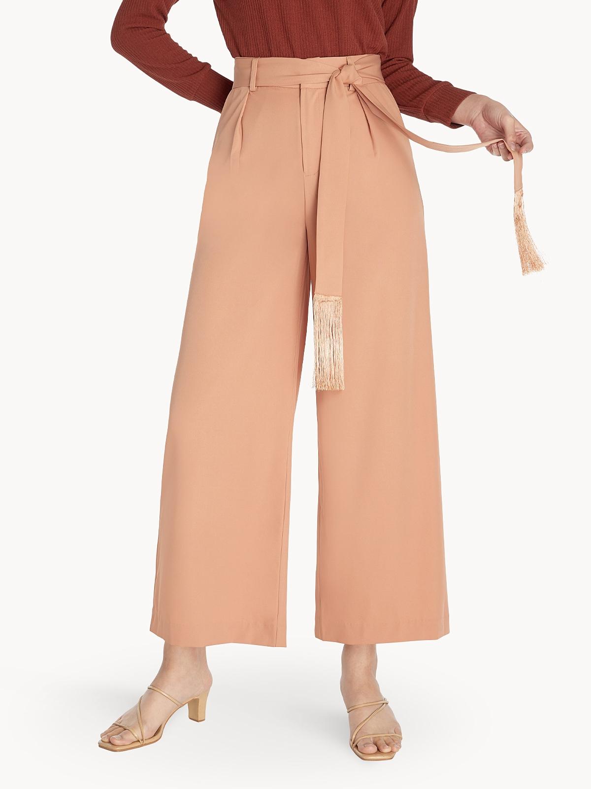 Fringe Belted Wide Leg Pants - Salmon