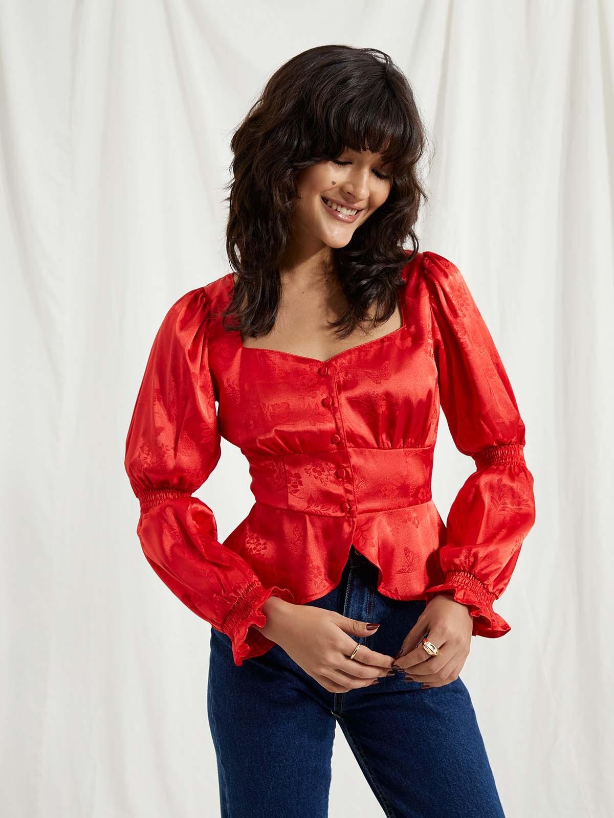 Long Sleeve Button Up Top - Red