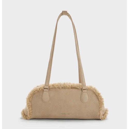 Nelly Recycled Suede & Faux Shearling Elongated Shoulder Bag - Nutmeg Beige