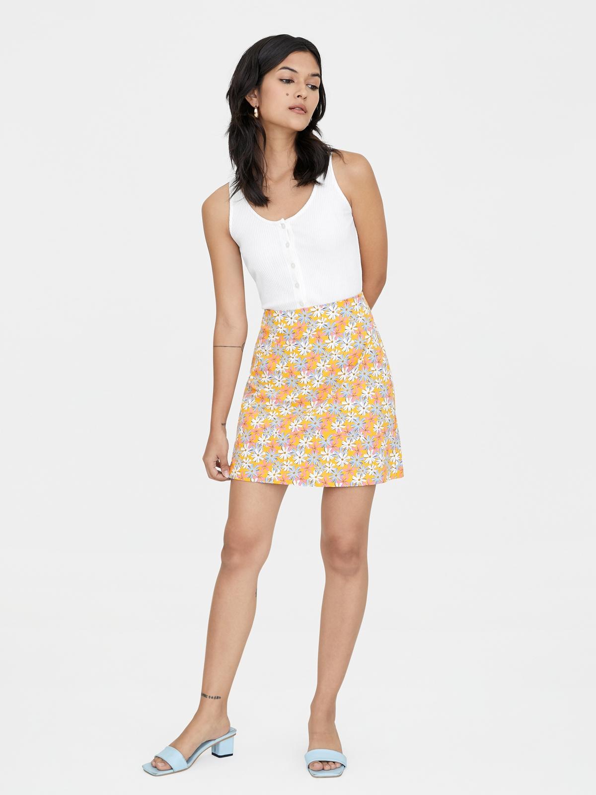 Floral Pattern High Waist Skirt - Orange