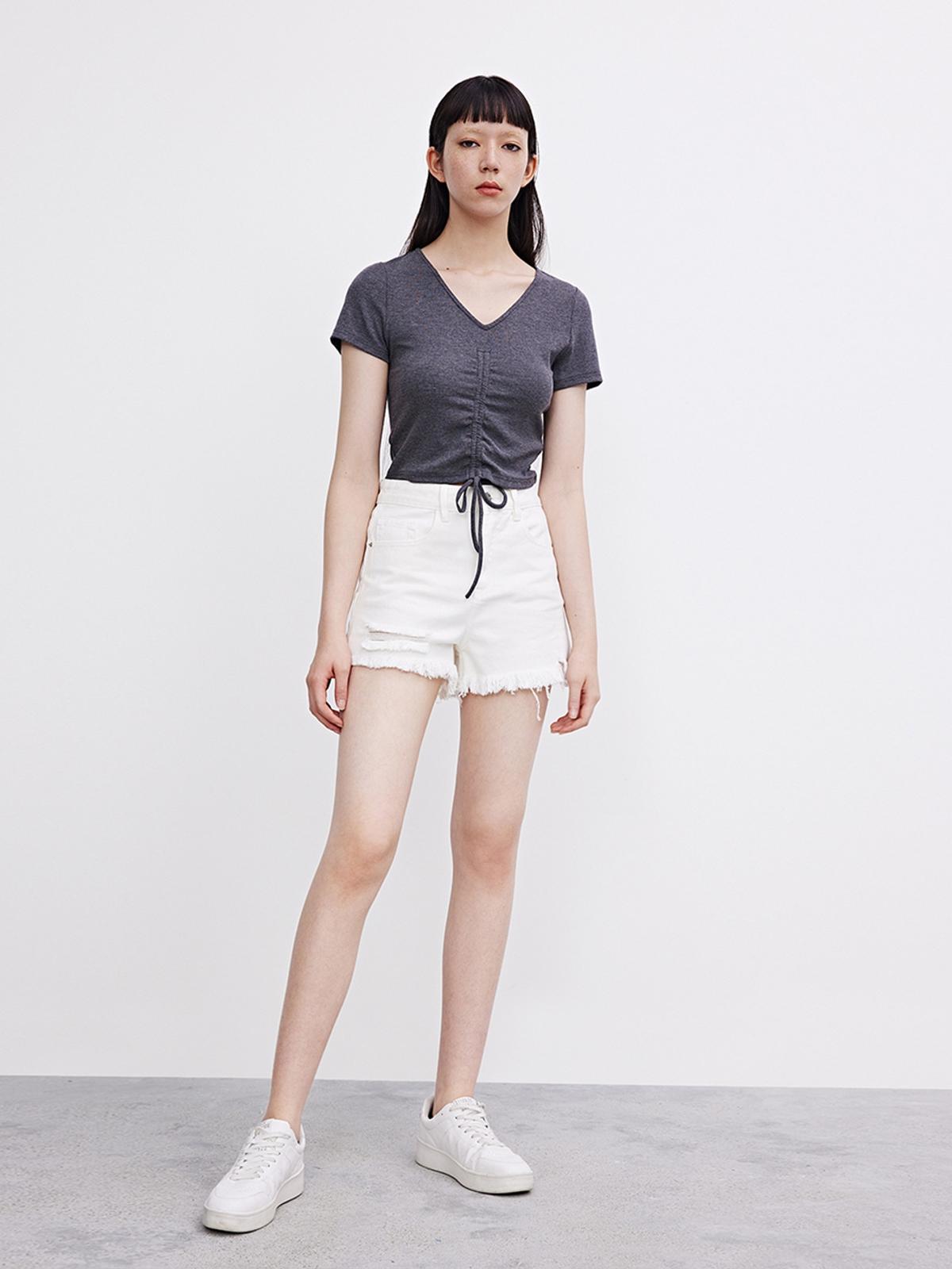 Drawstring Gathered Crop Top - Dark Grey