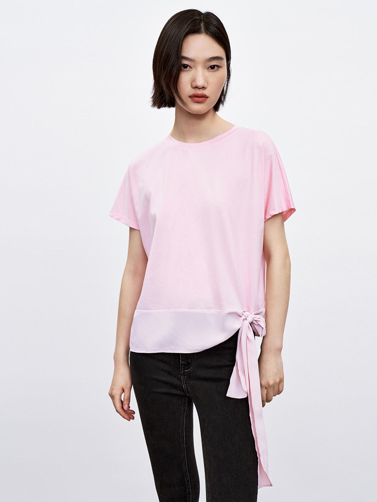 Knot Side Crew Neck T-Shirt - Light Pink