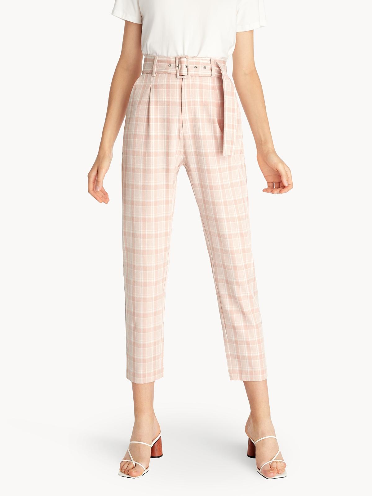 Plaid Belted Crop Pants - Pink