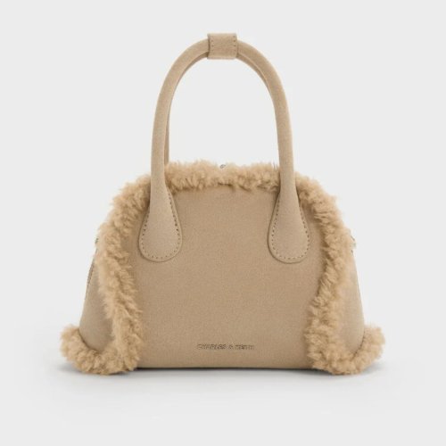 Nelly Recycled Suede & Faux Shearling Bowling Bag - Nutmeg Beige