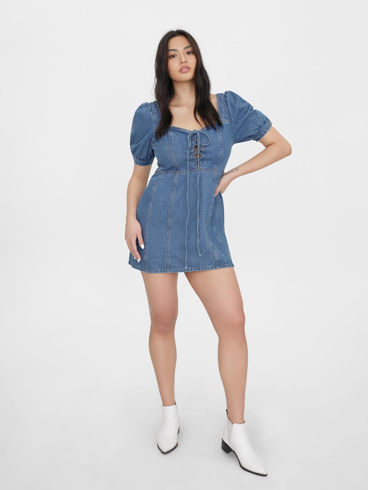 Sustainable Puffed Sleeve Denim Dress - Blue
