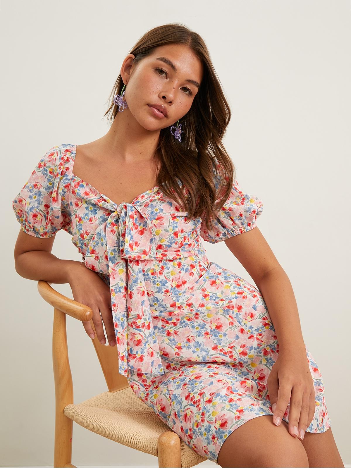 Floral Bow Tie Square Neck Mini Dress - Pink