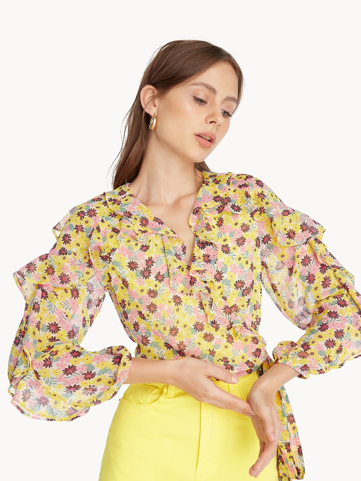 Floral Ruffled Wrap Blouse - Yellow
