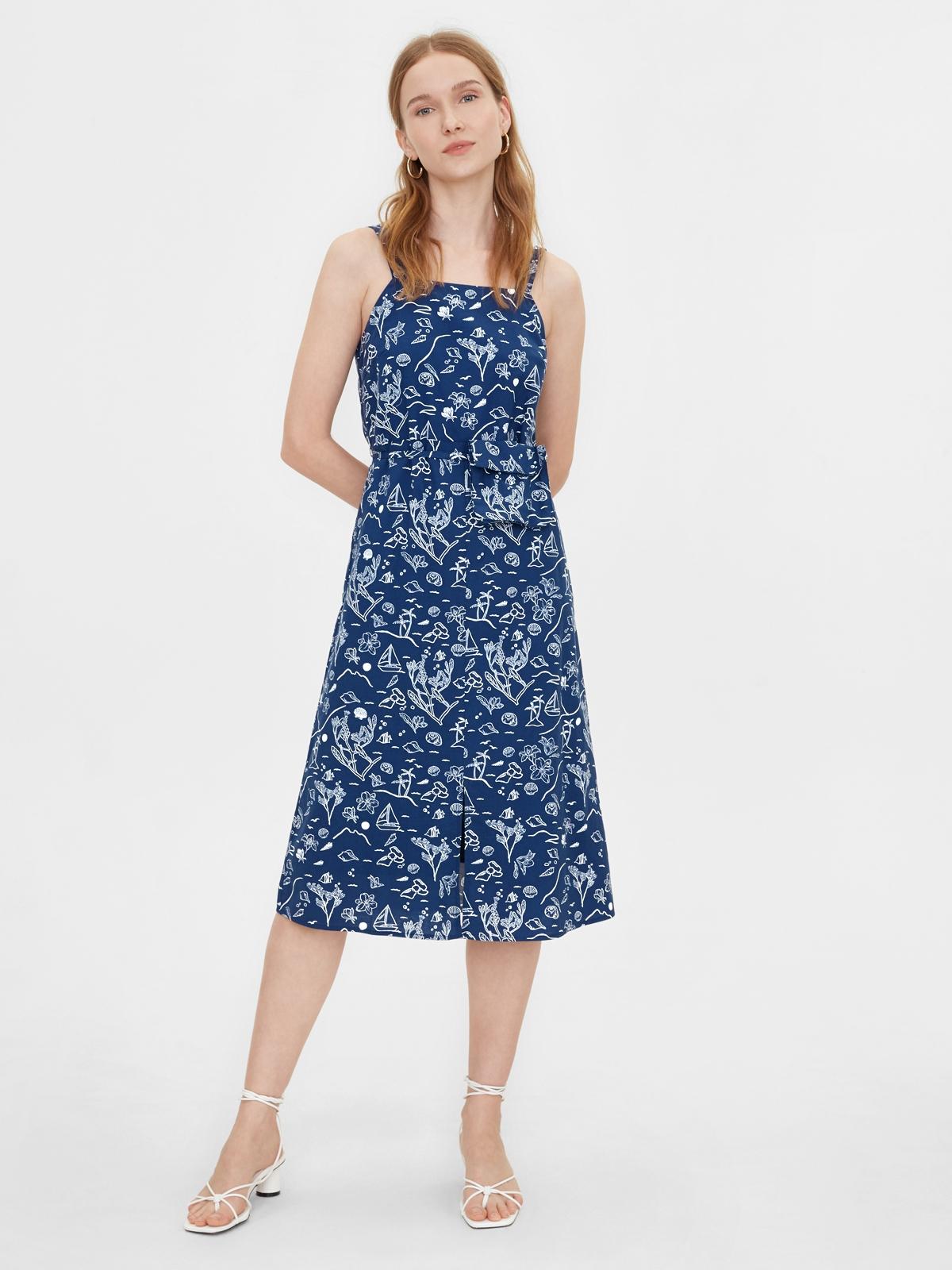 Purpose Beach Print Front Slit Dress - Navy