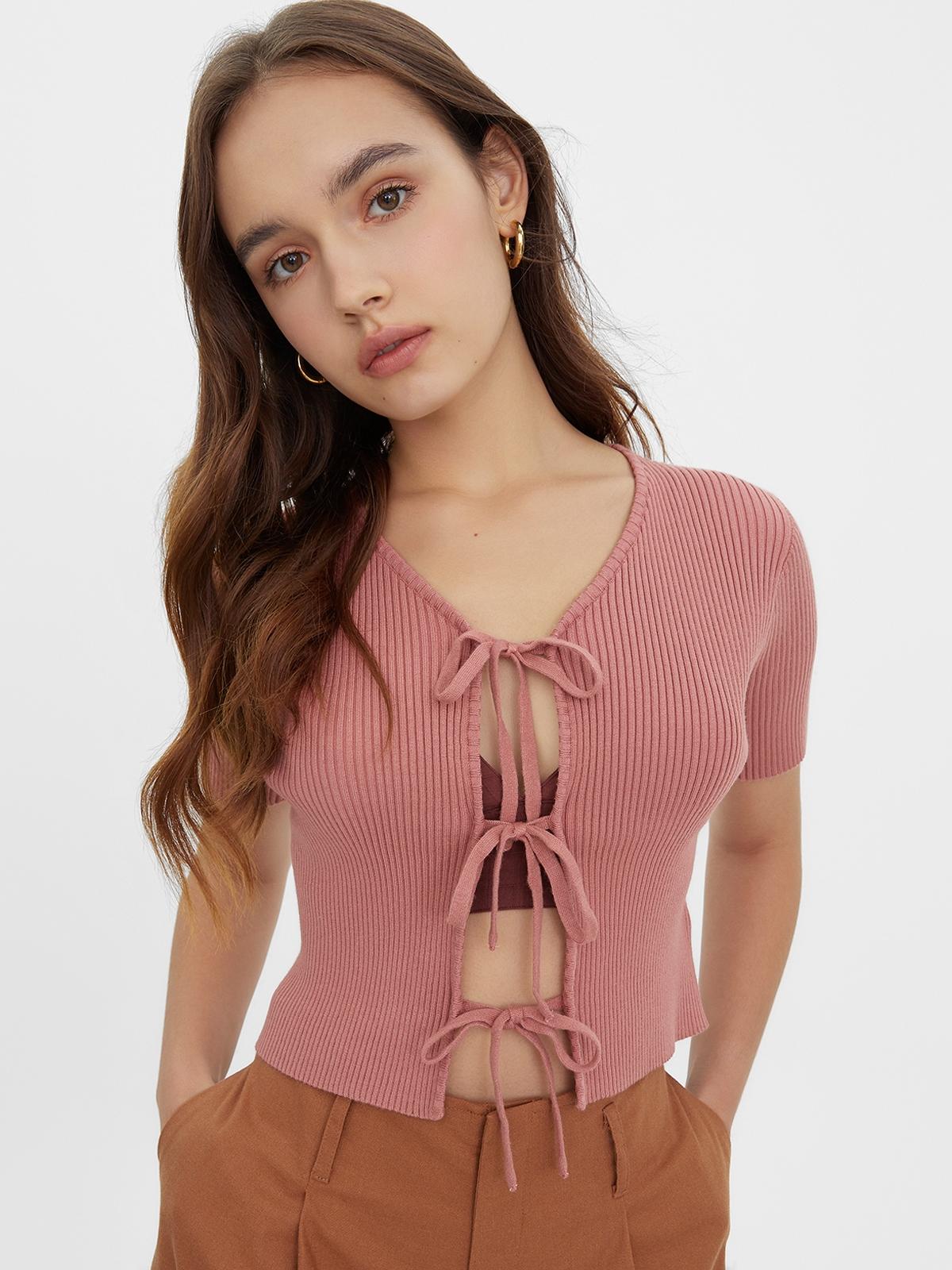 Front Tie Cardigan - Brown