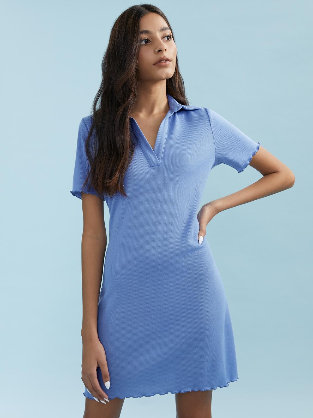V Neck Ribbed Polo Dress - Blue