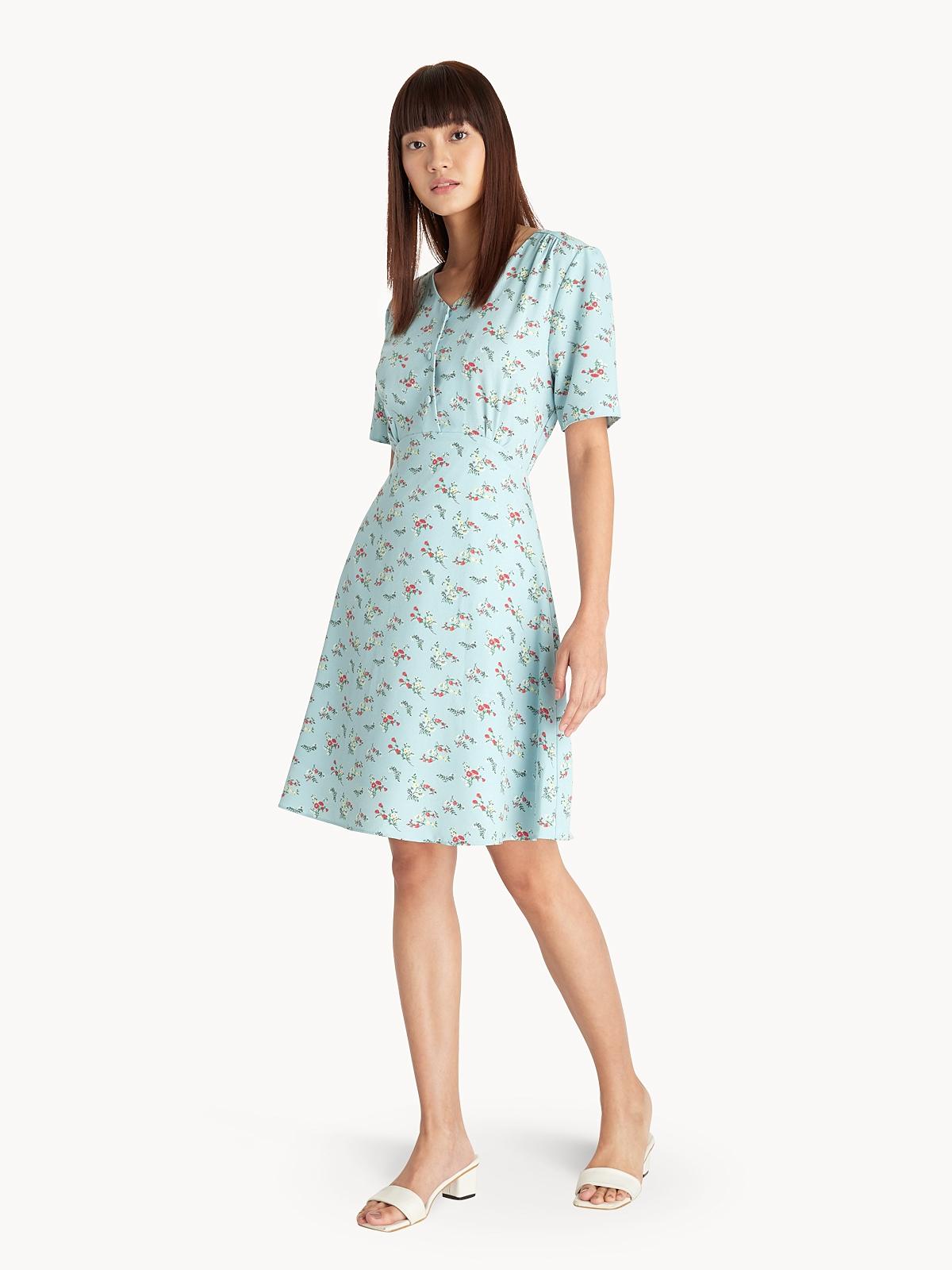 Floral A Line Dress - Aqua Blue