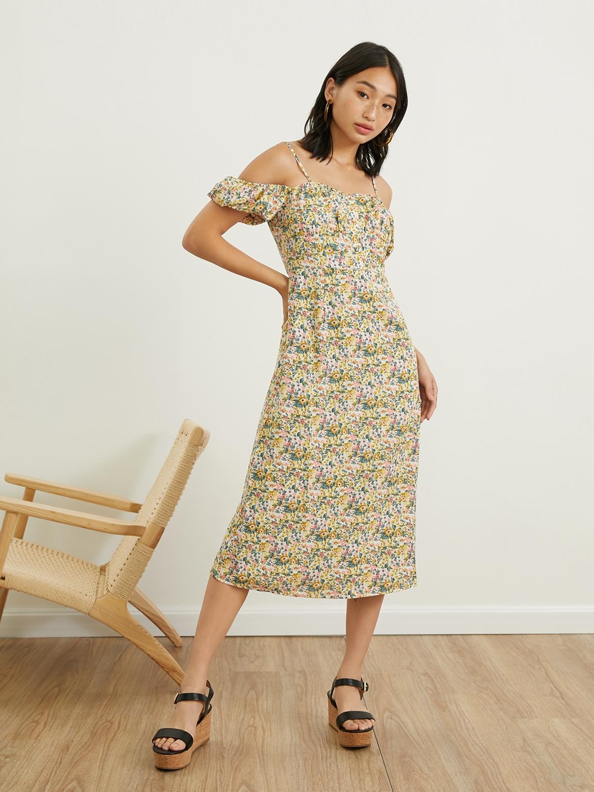 Off-Shoulder Floral Printed Dress - Green
