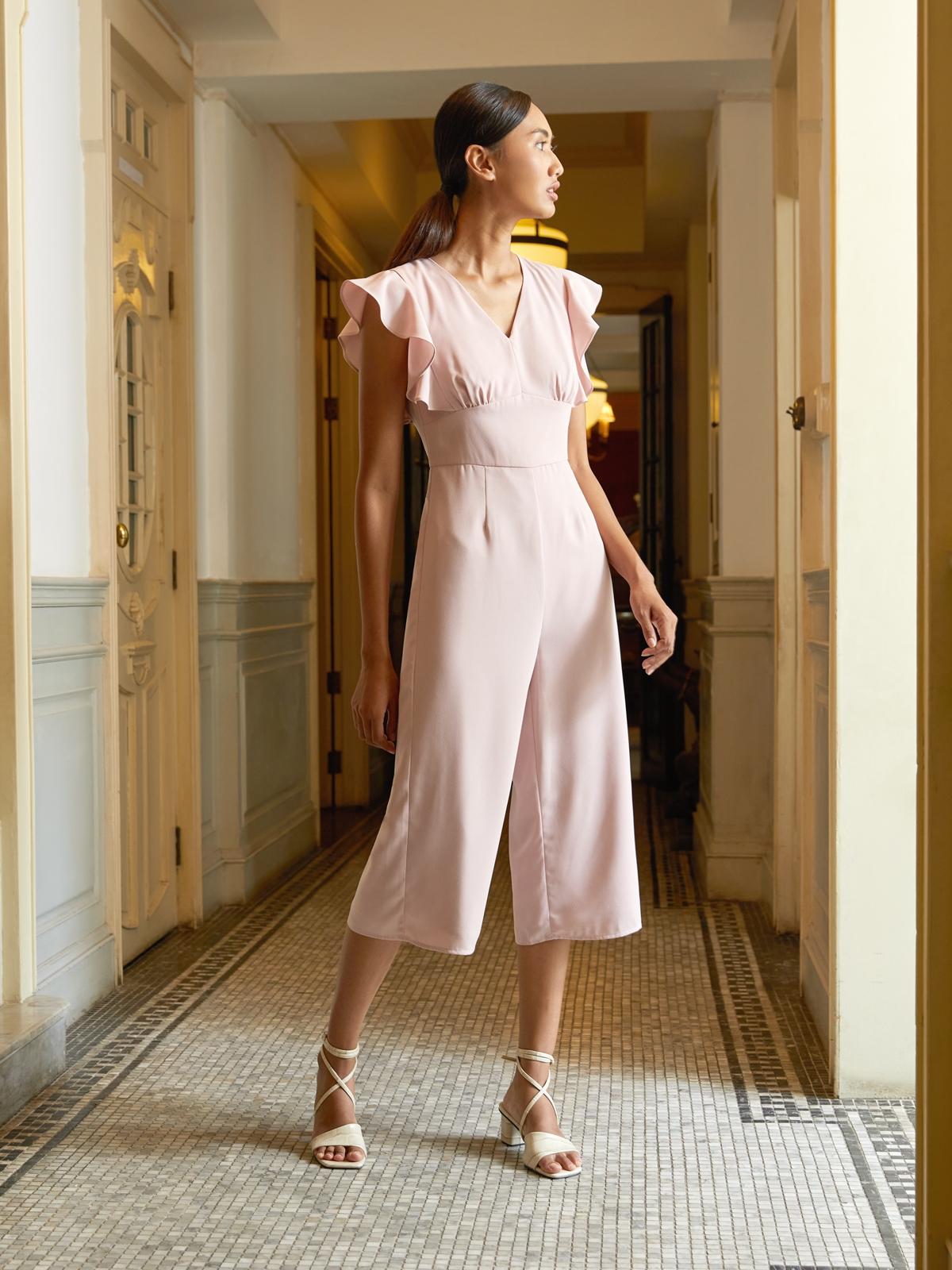 Frilled Sleeves V Neck Jumpsuit - Pink