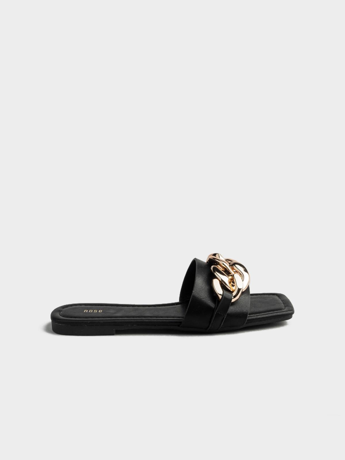 Cara Chain Embellished Flat Slides - Black