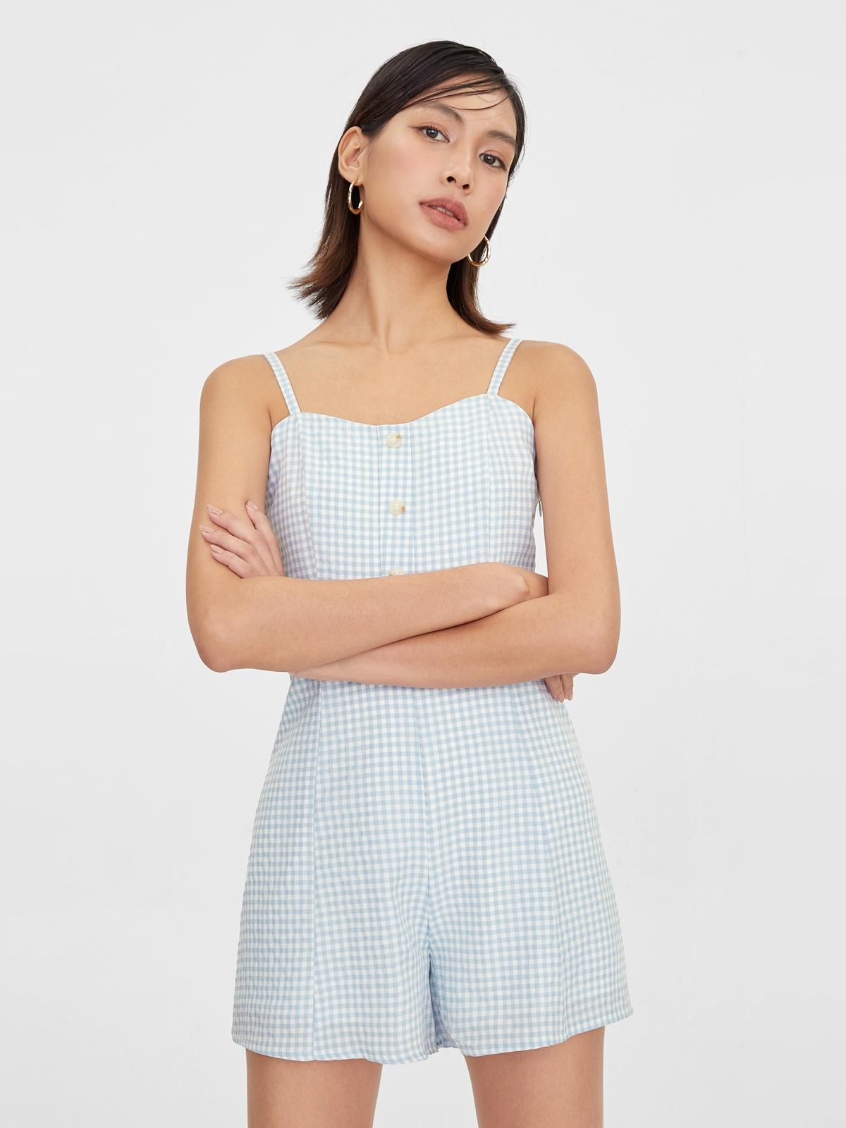 Spaghetti Strap Gingham Romper - Blue