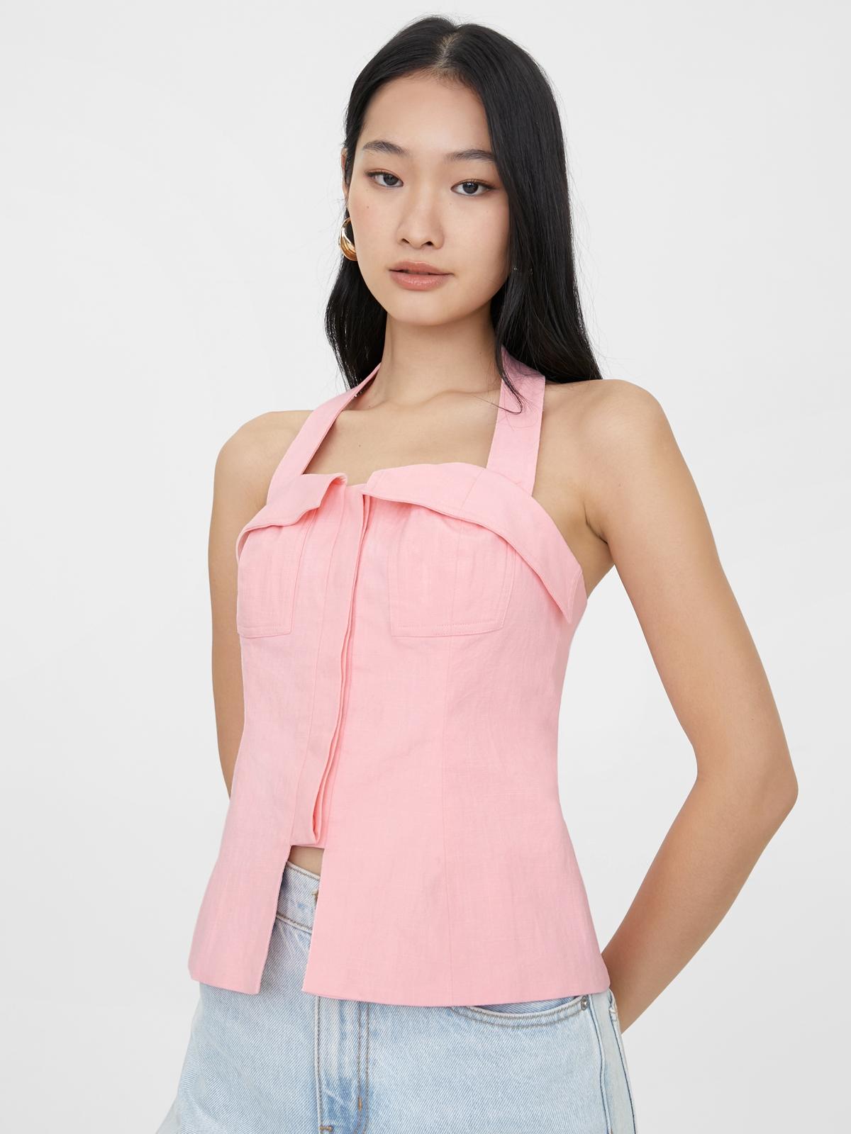 Halter Button Up Tank Top - Pink