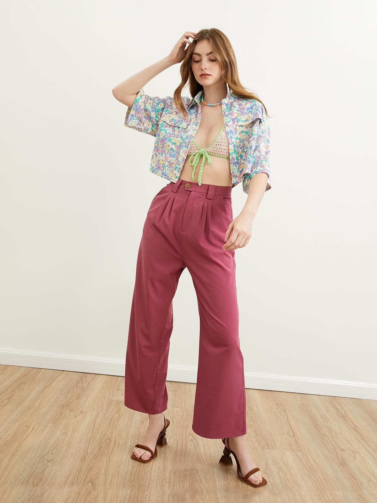 High Waist Pleated Pants - Fuchsia