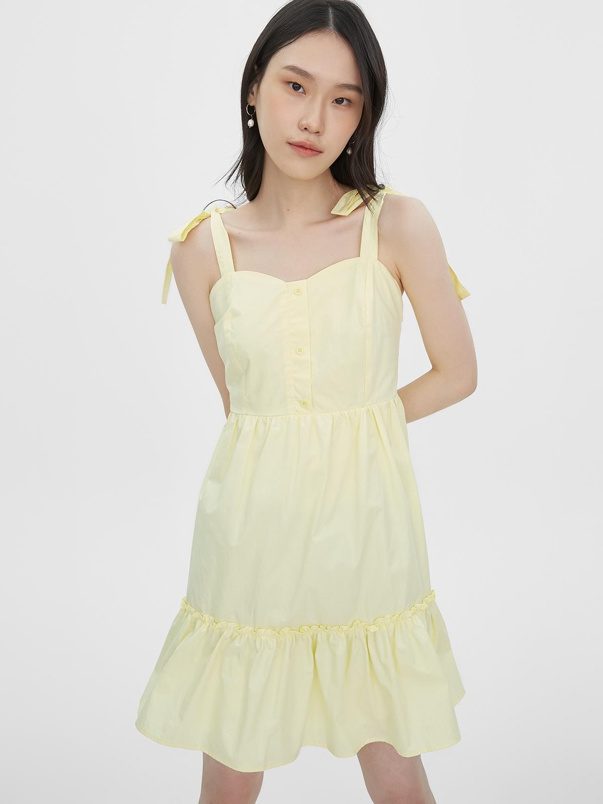 Bow Tie Shoulder Flare Dress - Light Yellow