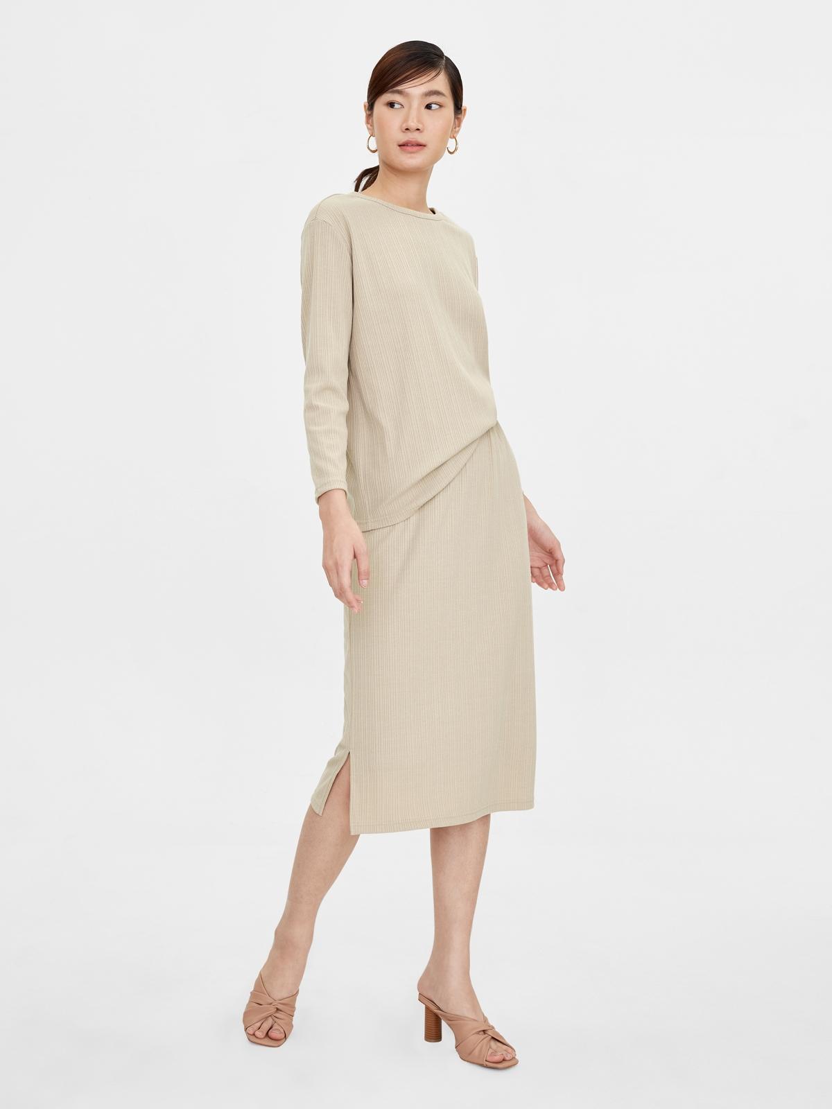 Elastic Waist Side Slits Skirt - Beige
