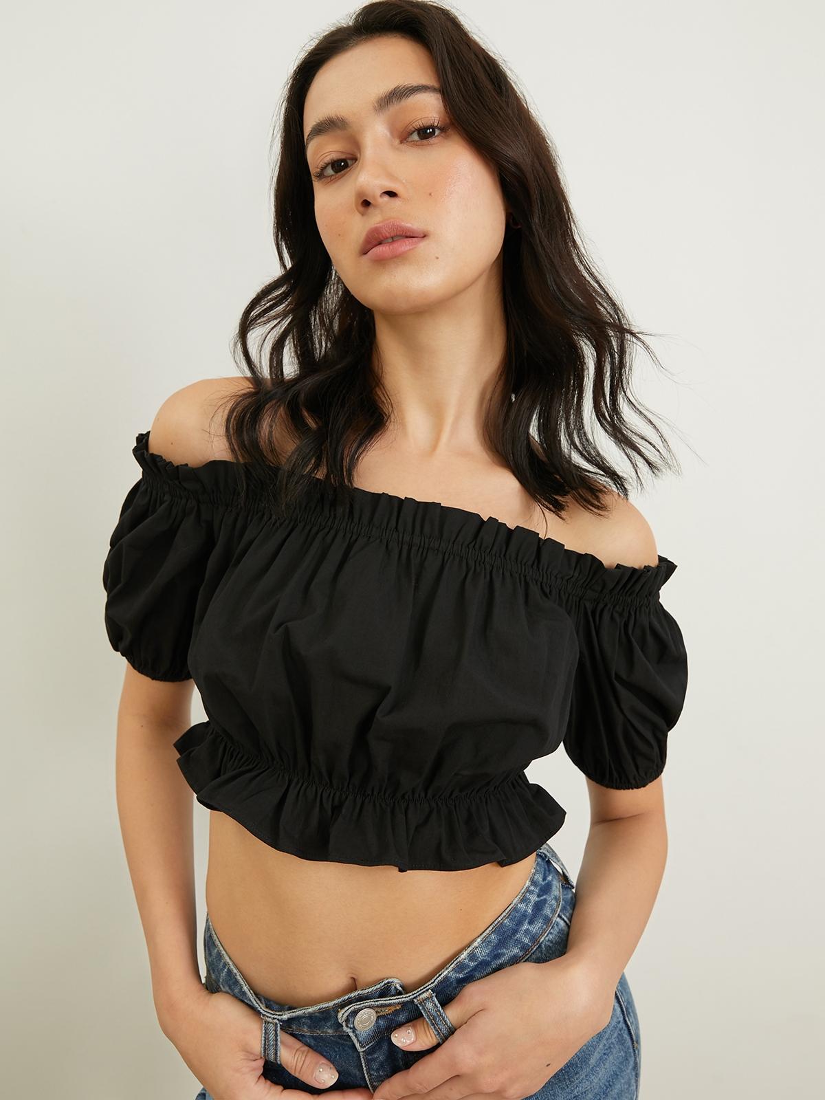 Puffed Sleeve Off Shoulder Crop - Black
