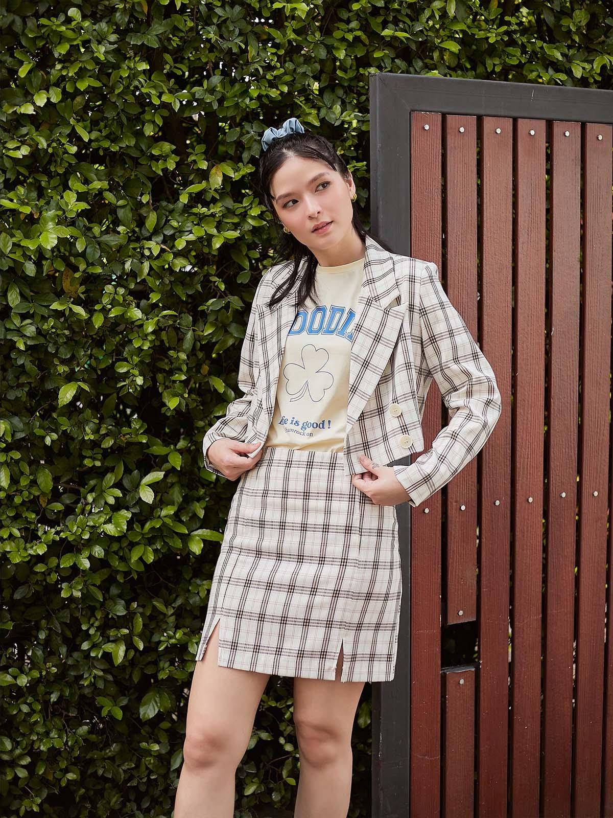 Plaid Slit High Waist Skirt - Beige