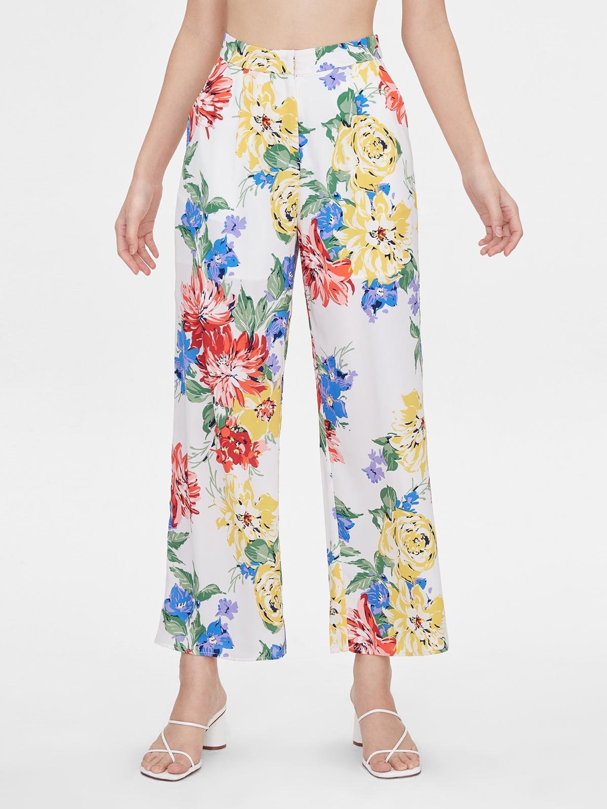 Bold Floral Wide Leg Pants - White