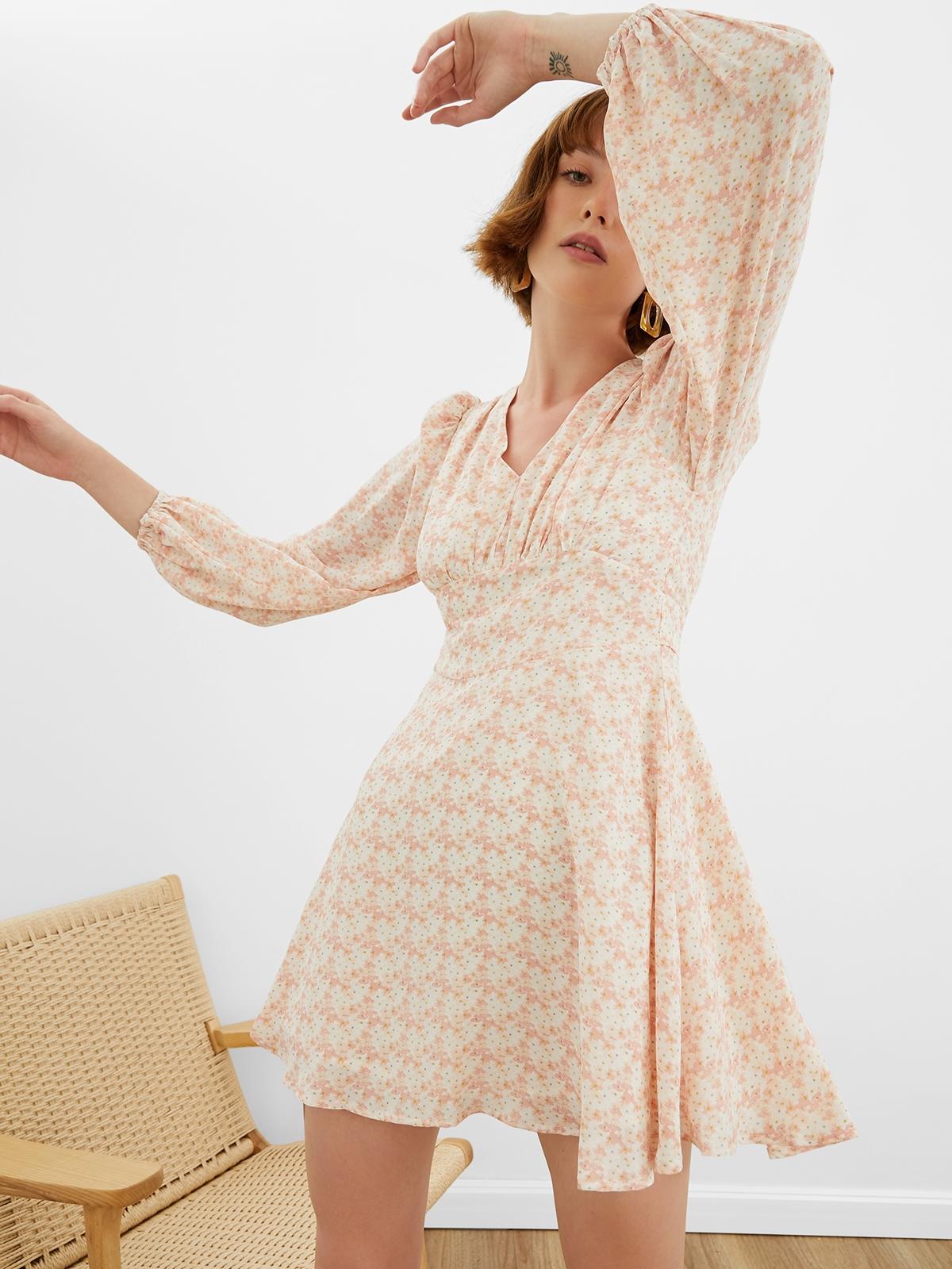 Long Sleeve Floral Mini Dress - Pink