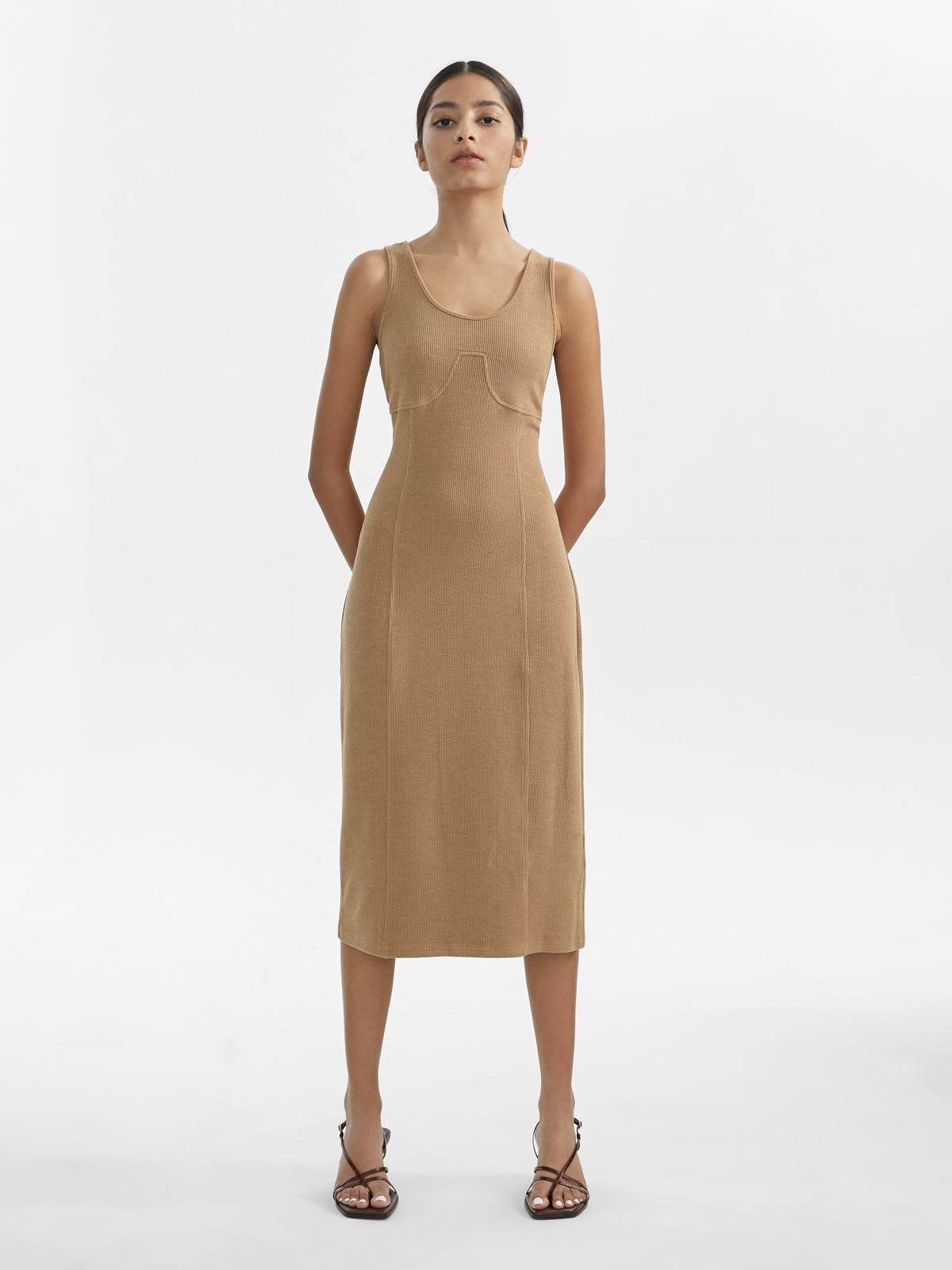 Ribbed Texture Sleeveless Dress - Brown