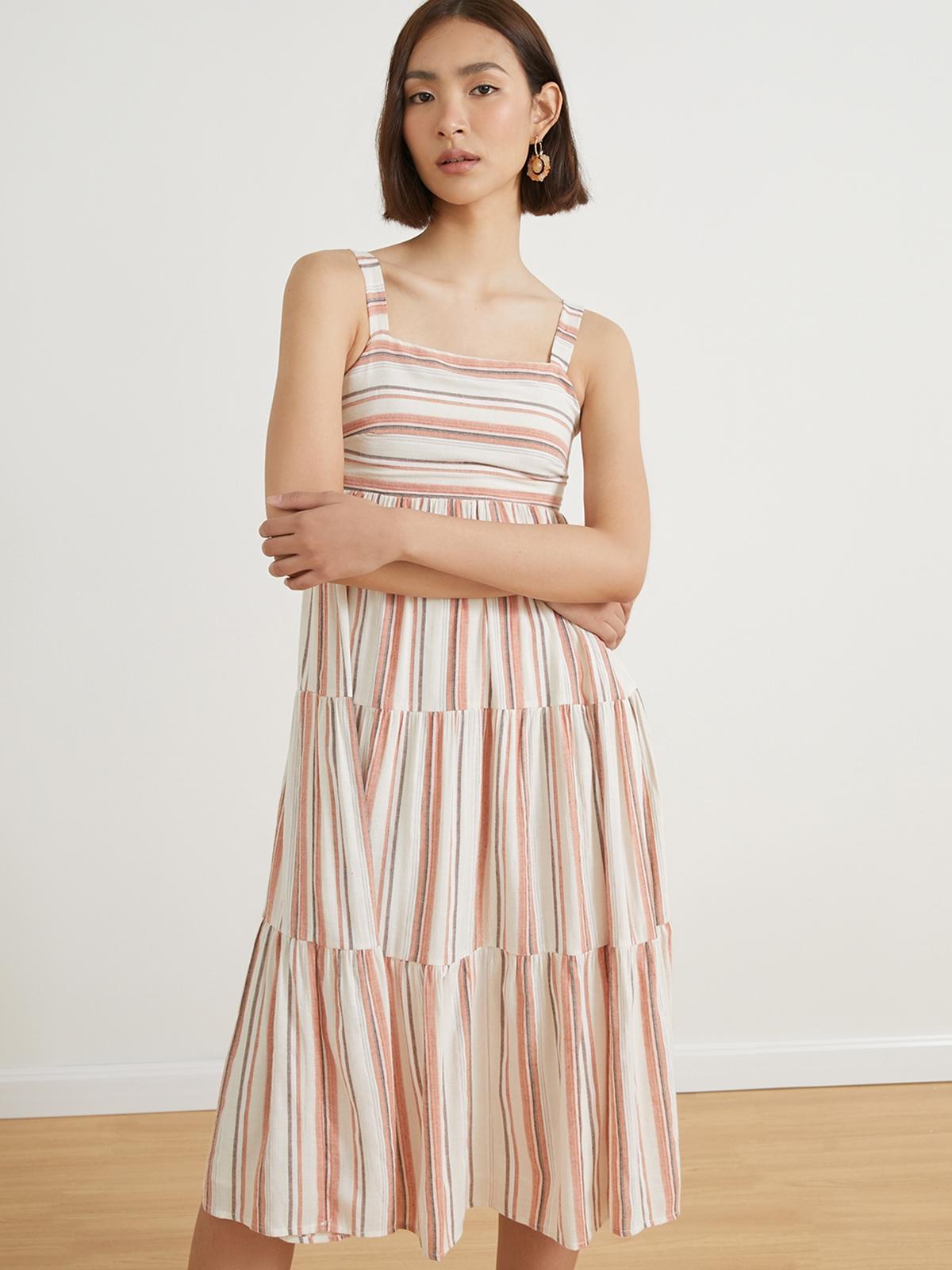 Striped Tiered Midi Dress - Orange