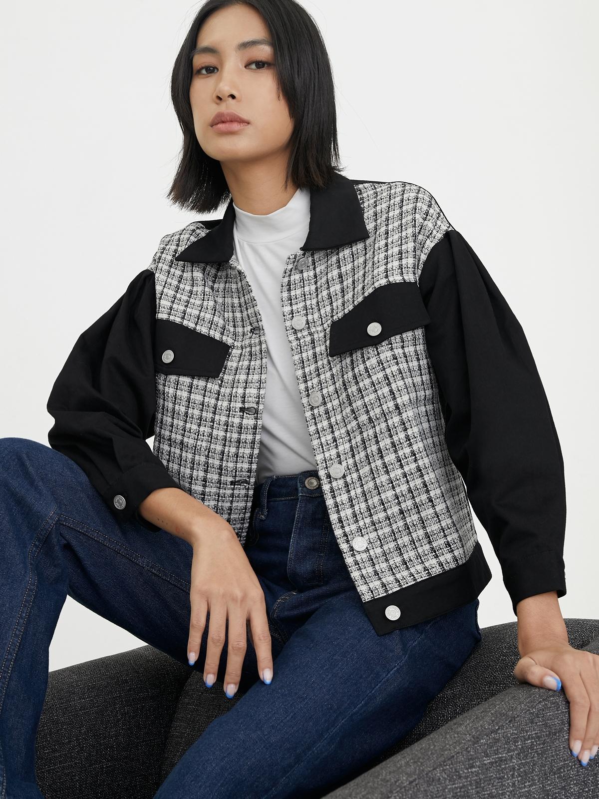 Two Tone Tweed Trucker Jacket - Black