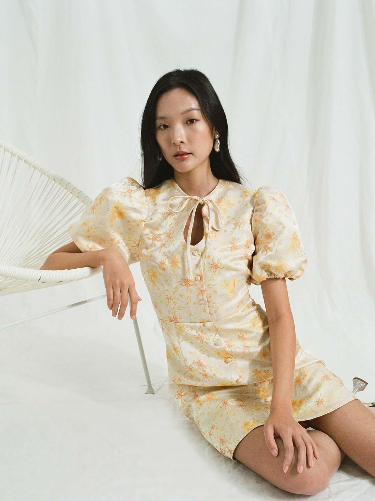 Floral Puffed Sleeve Keyhole Neck Dress - Yellow