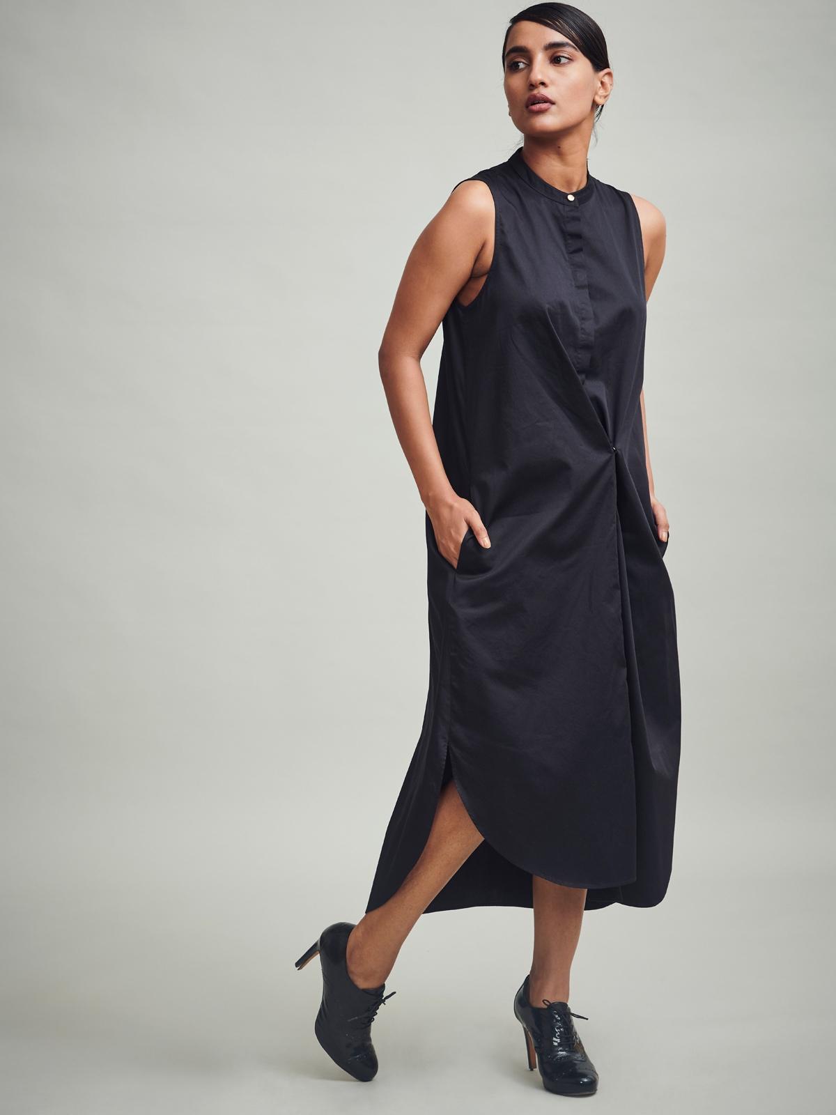 Button Pleat Midi Dress - Black