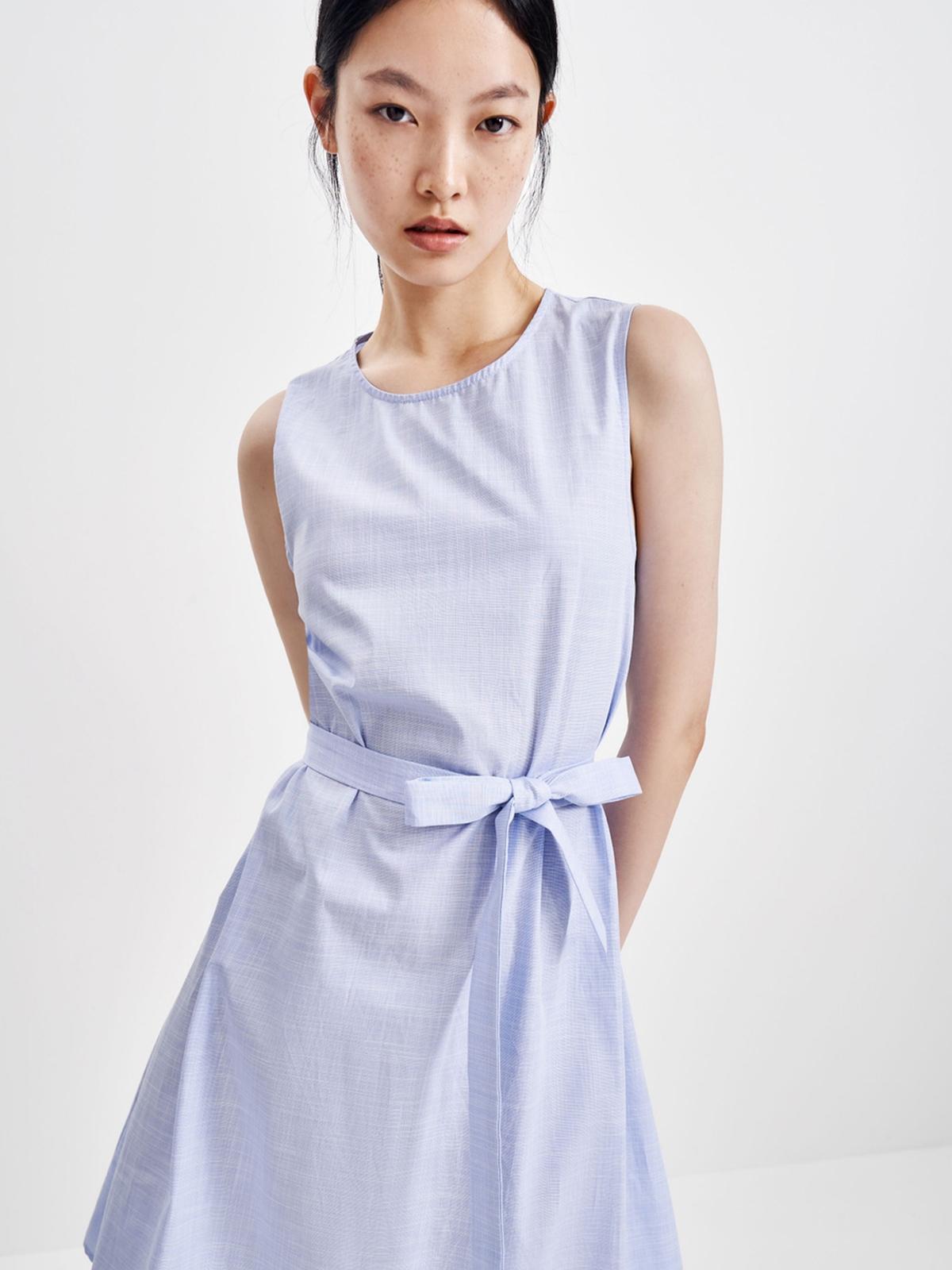 Asymmetric Hem Tied Waist Dress - Blue