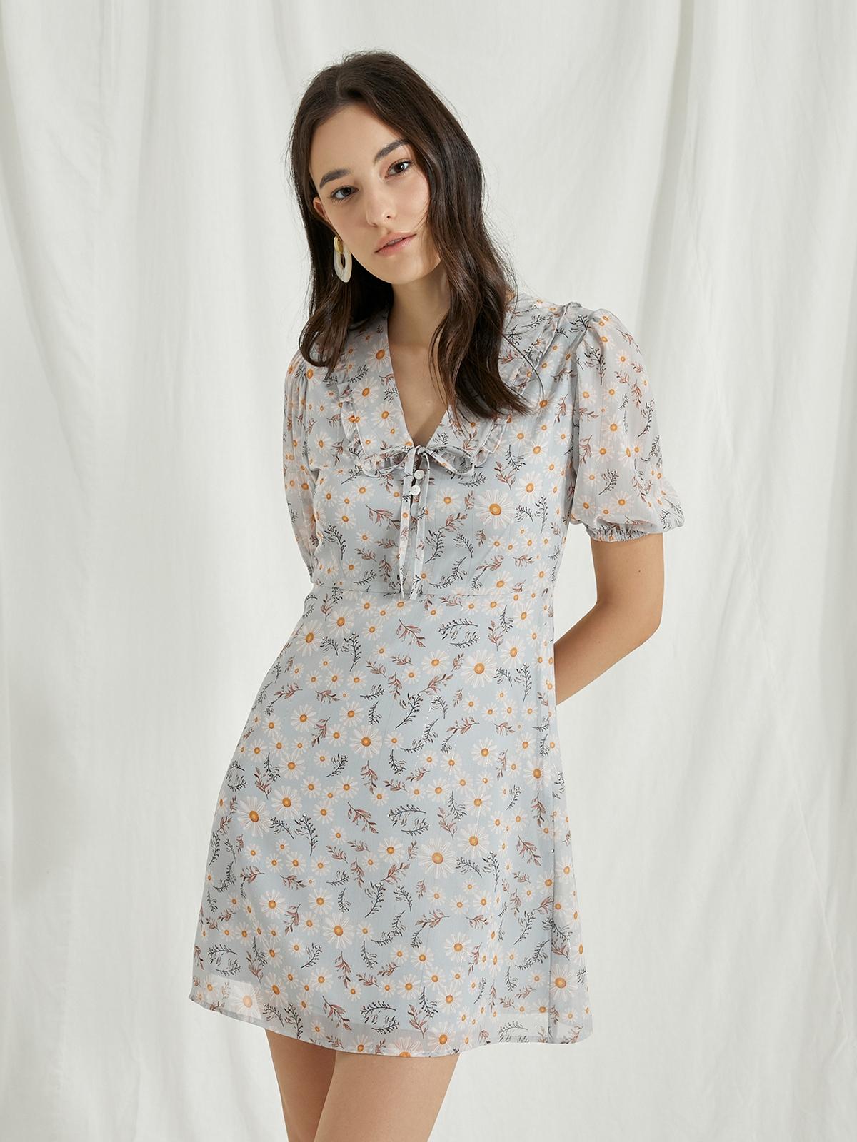 Puffed Lace Sleeve Floral Mini Dress - Blue